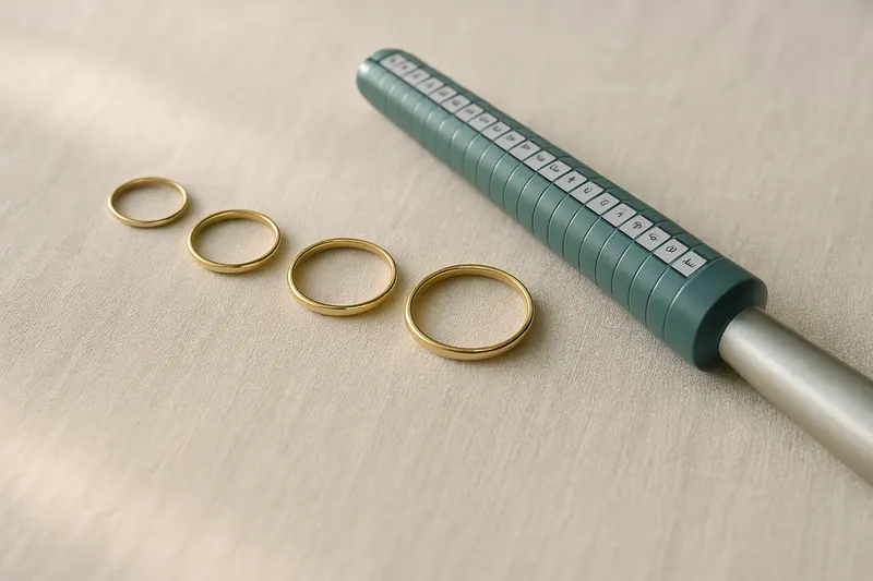 A row of plain gold rings in graduated sizes laid out on pale linen beside a sizing gauge.