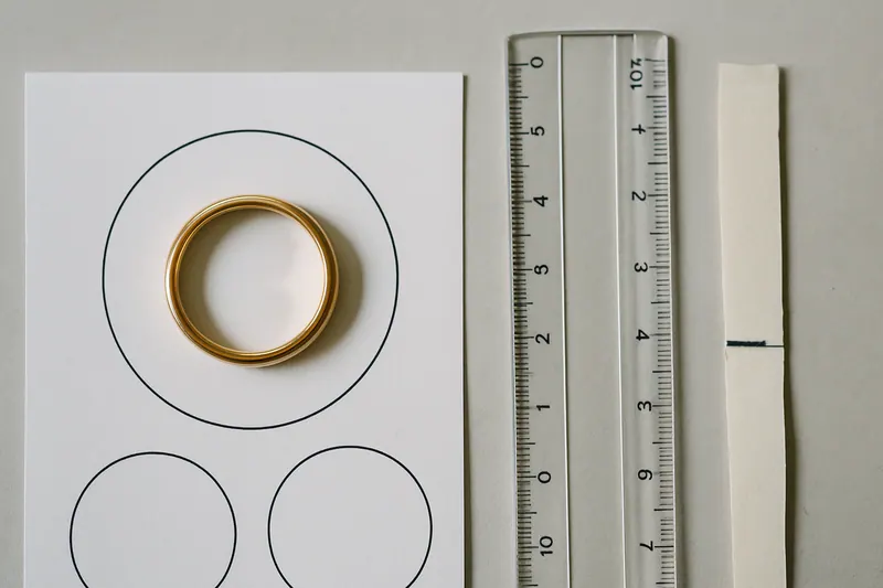A gold ring set inside the printed circles of a paper ring size chart, next to a ruler and a strip of paper marked with a pen.