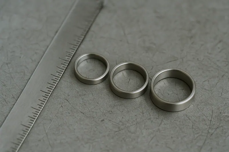 Three plain men's wedding bands in 4 mm, 6 mm, and 8 mm widths lined up next to a steel millimeter ruler on a grey workbench.
