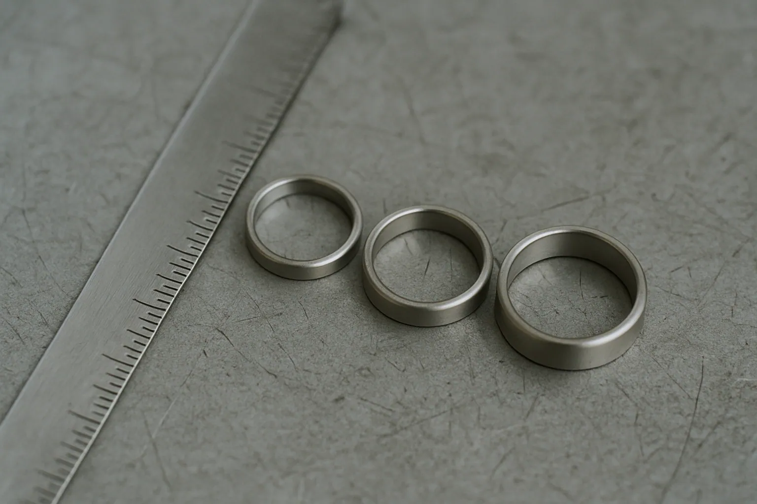 Three plain men's wedding bands in 4 mm, 6 mm, and 8 mm widths lined up next to a steel millimeter ruler on a grey workbench.