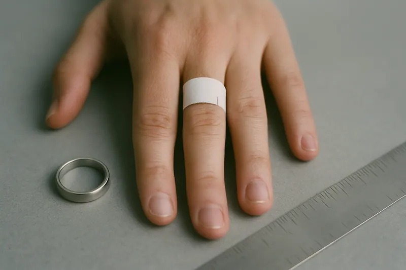 A paper measuring strip wrapped around the base of a finger and marked with a pen, with a silver band and a steel millimeter ruler on the desk below.