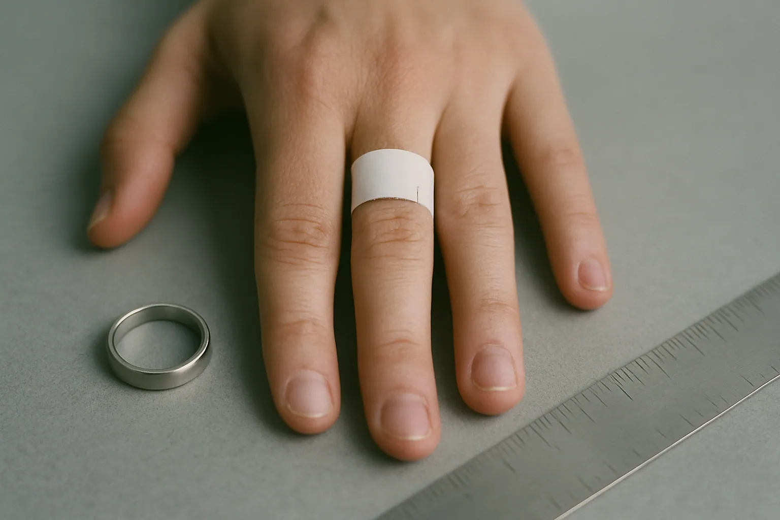 A paper measuring strip wrapped around the base of a finger and marked with a pen, with a silver band and a steel millimeter ruler on the desk below.