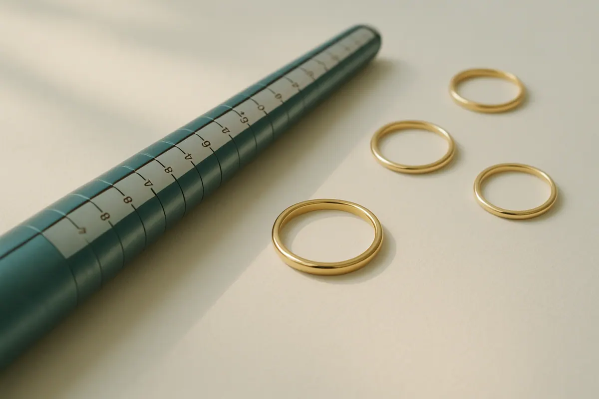 Ein metallener Ringmessstab mit Millimetermarkierungen neben einigen Goldringen auf einer neutralen Oberflaeche.