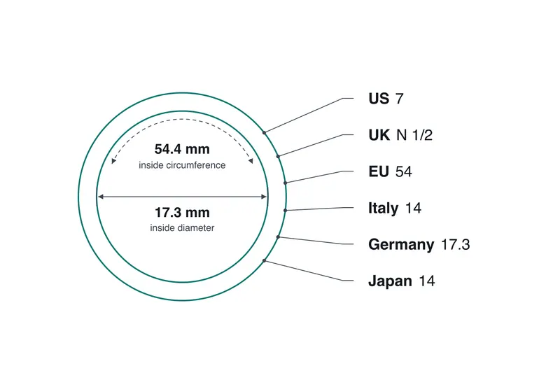Diagram of one ring with a 54.4 mm inside circumference labeled six ways: US 7, UK N 1/2, EU 54, Italy 14, Germany 17.3, and Japan 14.