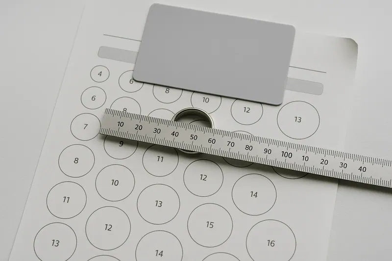 A steel millimeter ruler laid across the inside of a plain platinum band on a white desk, with a bank card and a printed page of numbered ring size circles underneath.