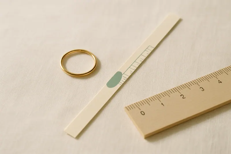 A thin gold ring resting on pale linen beside a paper ring sizer strip and a ruler.